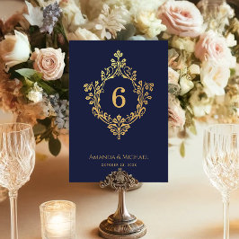 Tarjeta De Mesa Cresta Vintage Azul Marino Falso Oro Elegante Boda
