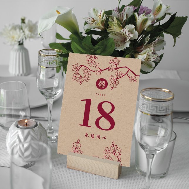 Tarjeta De Mesa Crimson Peach/Plum Blossoms Kraft Boda chino (Subido por el creador)
