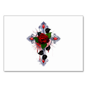 Tarjeta De Mesa Cruz de Plata con una Rosa Roja