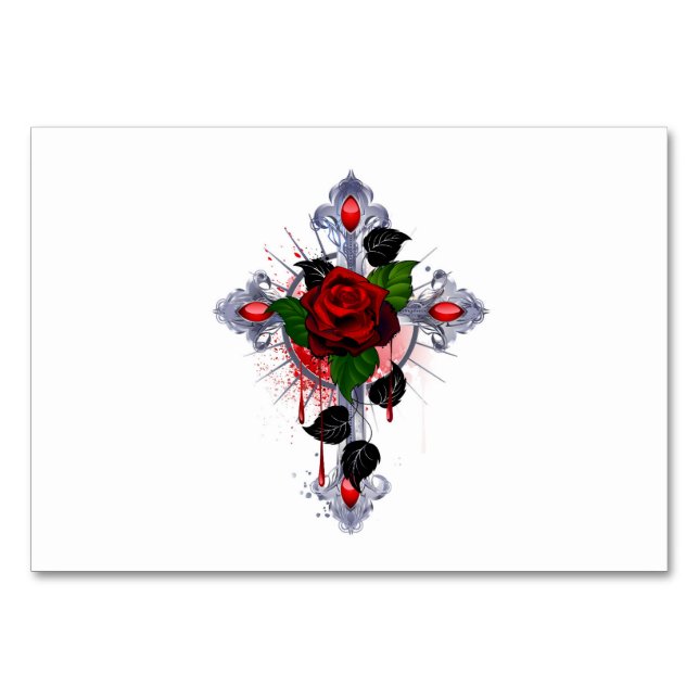 Tarjeta De Mesa Cruz de Plata con una Rosa Roja (Anverso)