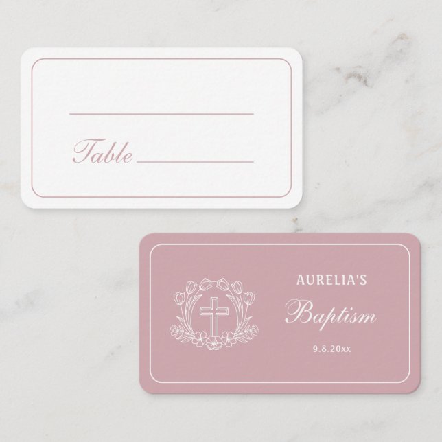 Tarjeta De Mesa Cruz floral simple en bautismo rosa (Anverso / Reverso)