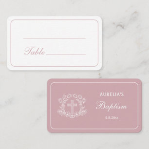 Tarjeta De Mesa Cruz floral simple en bautismo rosa