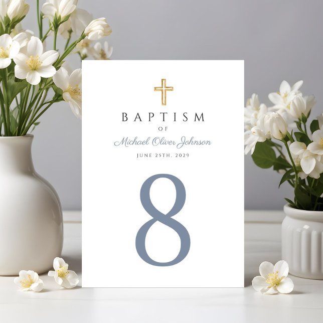 Tarjeta De Mesa Cruz Religiosa Bautizo Niño Azul (Religious Cross Blue Boy Baptism Table Number)
