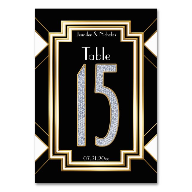 Tarjeta De Mesa Cuadro Boda Art Deco Diamantes Número Quince (Anverso)