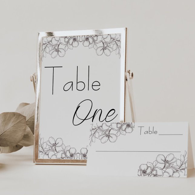 Tarjeta De Mesa Cuadro de asientos de recepción de casamiento flor (table numbers wedding floral line art black and white script)