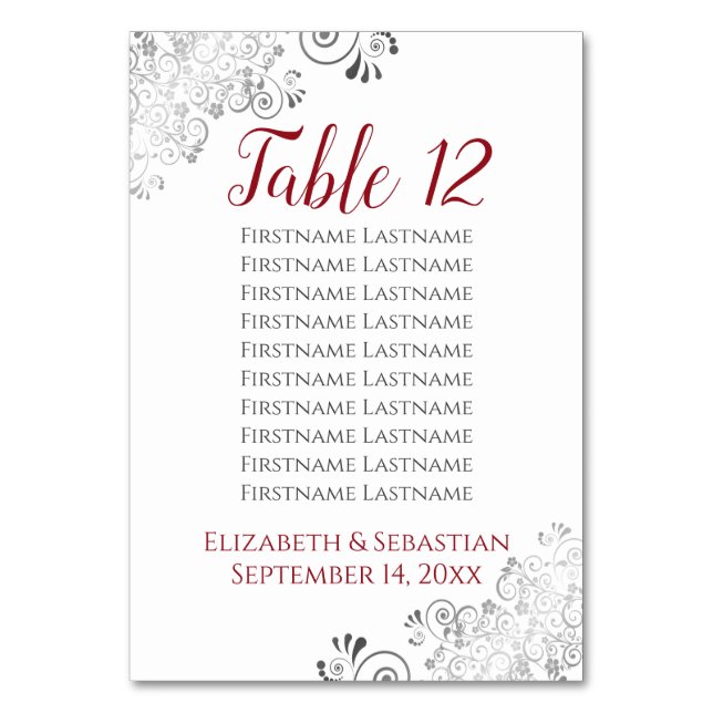 Tarjeta De Mesa Cuadros plateados Elegante Boda Rojo (Reverso)