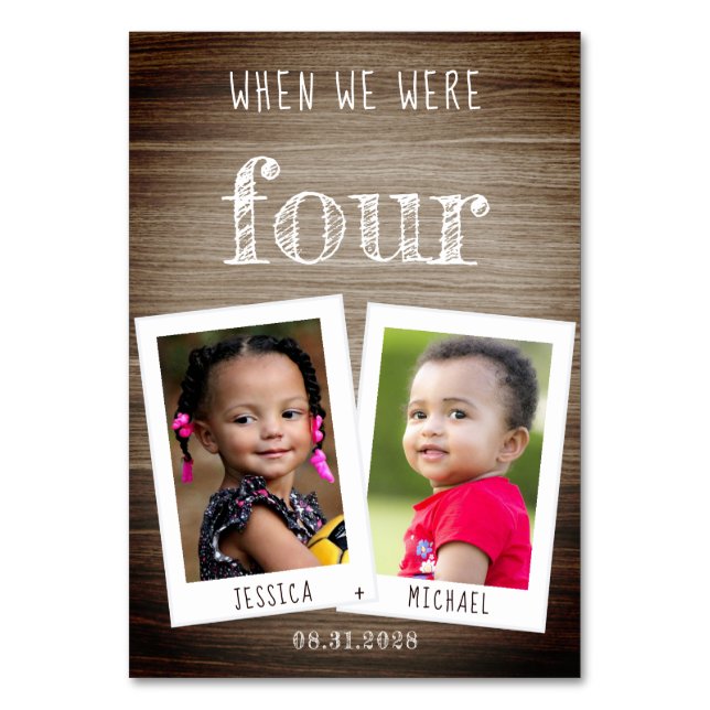 Tarjeta De Mesa Cuando éramos niños fotos y nombres boda de madera (Anverso)