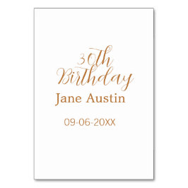 Tarjeta De Mesa cumpleaños 30 cobre marrón simple elegante nombre