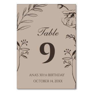 Tarjeta De Mesa Cumpleaños 30 Minimalista en Taupe y Floral de Esp