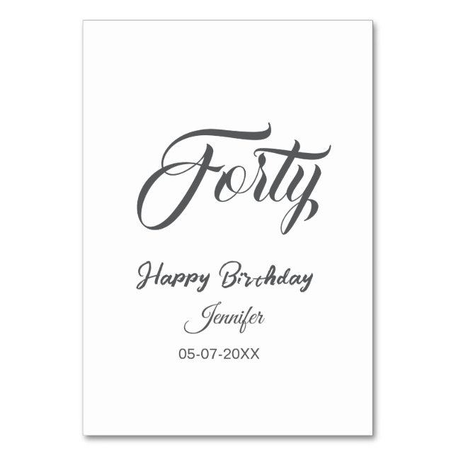 Tarjeta De Mesa cumpleaños 40 letra cuarenta nombre fecha año gris (Anverso)