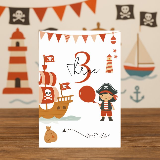 Tarjeta De Mesa Cumpleaños del Pirata | Barco Rojo y Capitán (Subido por el creador)