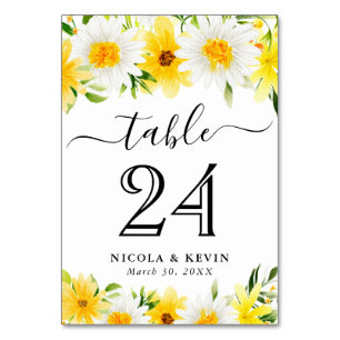 Tarjeta De Mesa Daisies acuarelas y Boda de flores amarillas