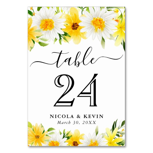 Tarjeta De Mesa Daisies acuarelas y Boda de flores amarillas (Anverso)