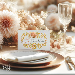 Tarjeta De Mesa Dalias Elegantes Rosadas Bodas Escritura Dorada
