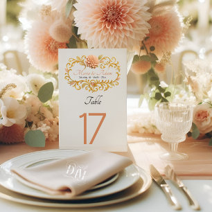 Tarjeta De Mesa Dalias Elegantes Rosadas Bodas Escritura Dorada