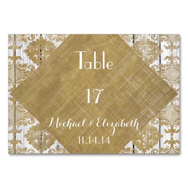 Tarjeta De Mesa Damasco de oro y Boda de madera blanca (Anverso)