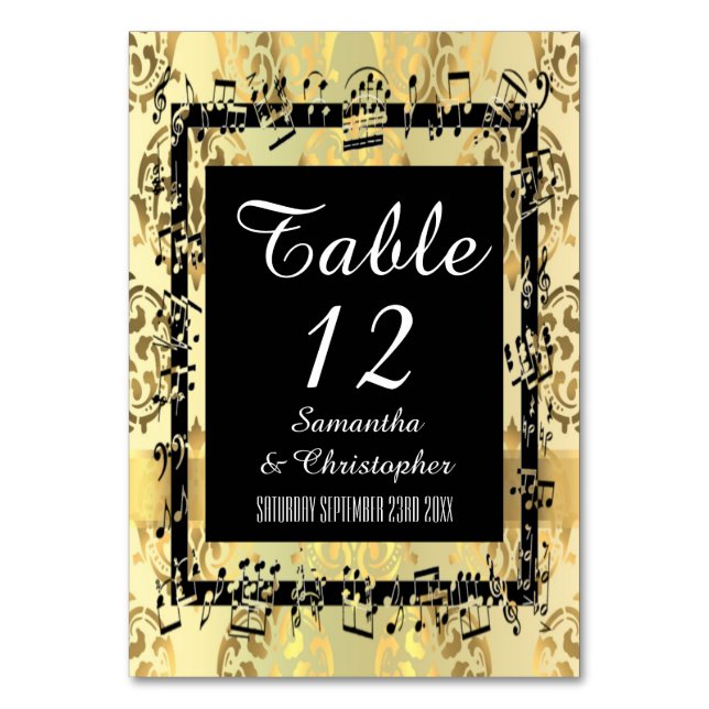 Tarjeta De Mesa Damasco de oro y negro (Anverso)