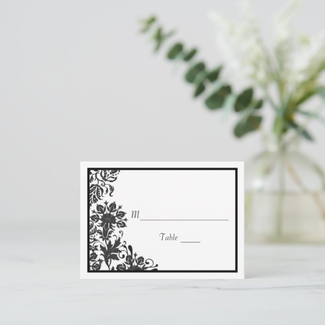 Tarjeta De Mesa Damasco floral blanco y negro | Llanura Personaliz (Anverso de pie)