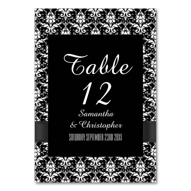 Tarjeta De Mesa Damasco gótico blanco y negro (Anverso)