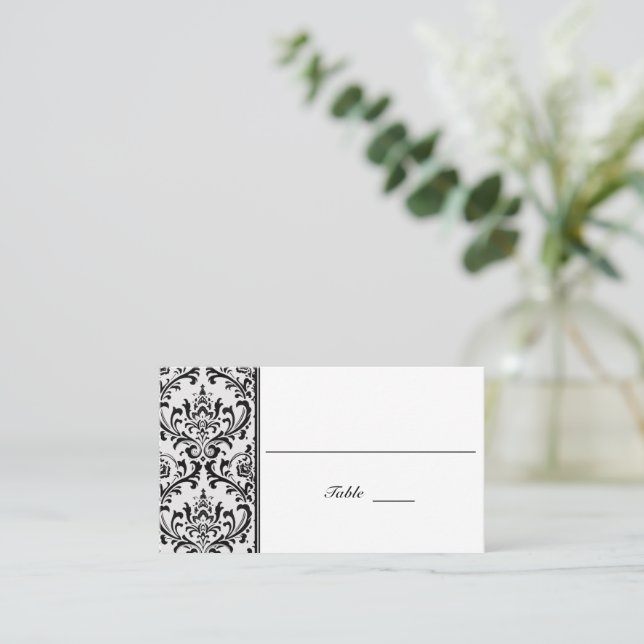 Tarjeta De Mesa Damasco moderno blanco y negro | BODA (Anverso de pie)