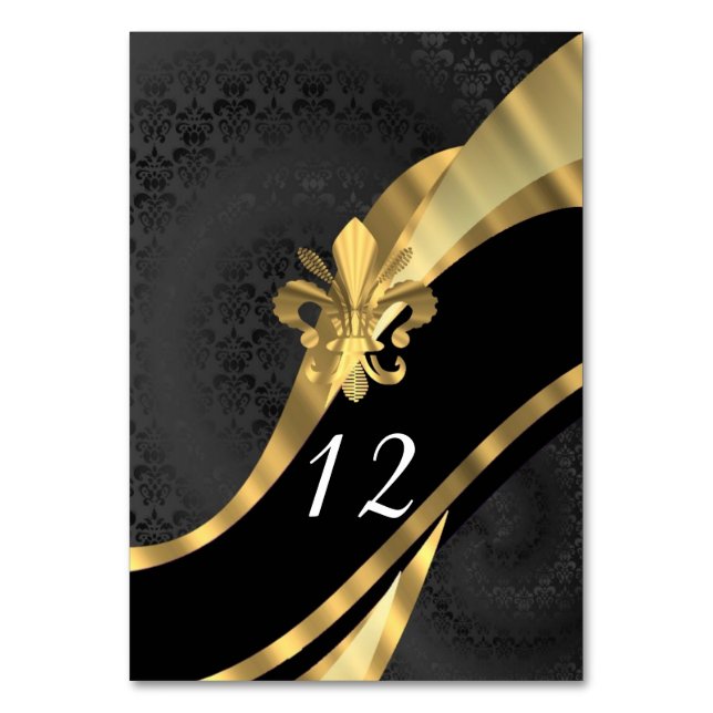 Tarjeta De Mesa Damasco negro y fleur de oro de lys (Anverso)