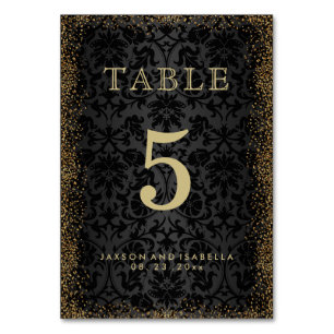 Tarjeta De Mesa Damasco negro y Purpurina de confetti de oro - tar