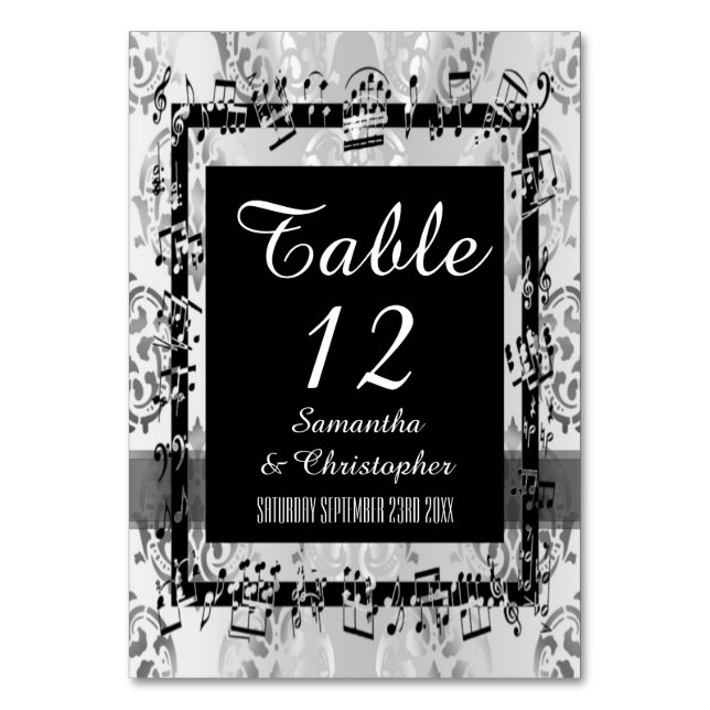 Tarjeta De Mesa Damasco plateado y negro (Anverso)