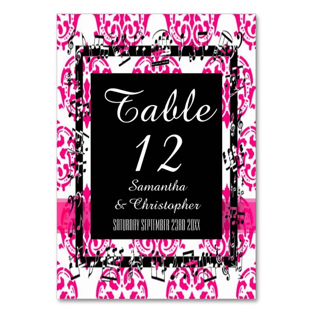 Tarjeta De Mesa Damasco rosa caliente y negro (Anverso)