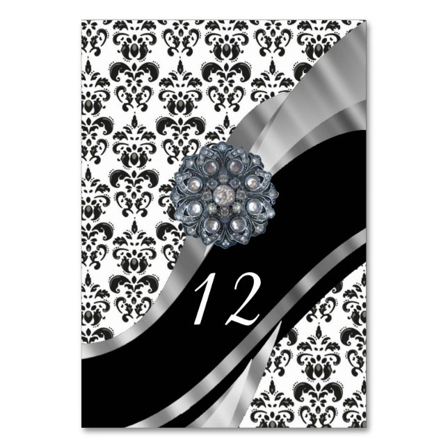Tarjeta De Mesa Damasco tradicional de boda blanco y negro (Anverso)