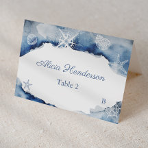 Dark Blue Watercolor Ocean Baby Shower Place Card