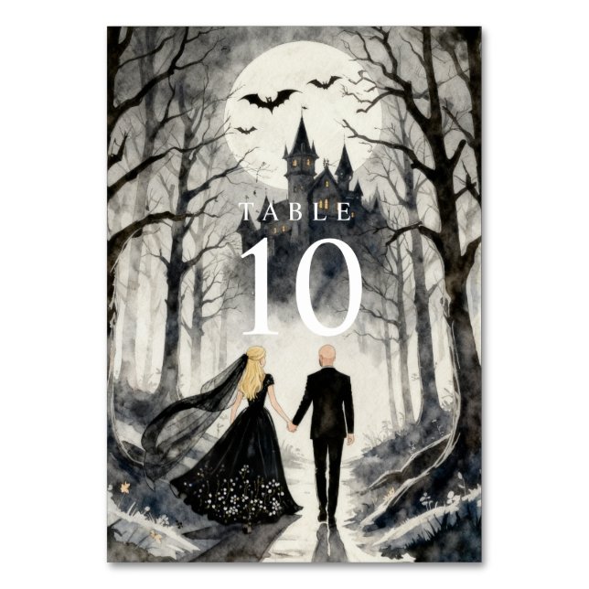 Tarjeta De Mesa Dark Enchanted Gothic Spooky Wedding Couple Forest (Anverso)