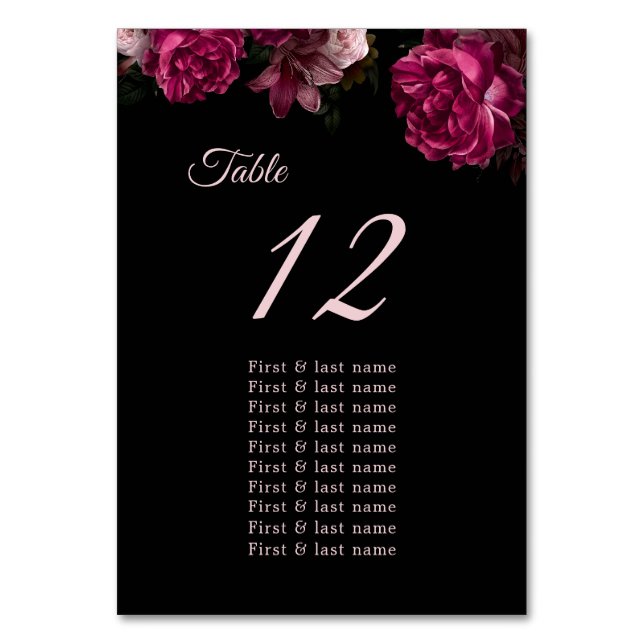Tarjeta De Mesa  Dark Moody Roses Floral Wedding Seating Chart (Anverso)