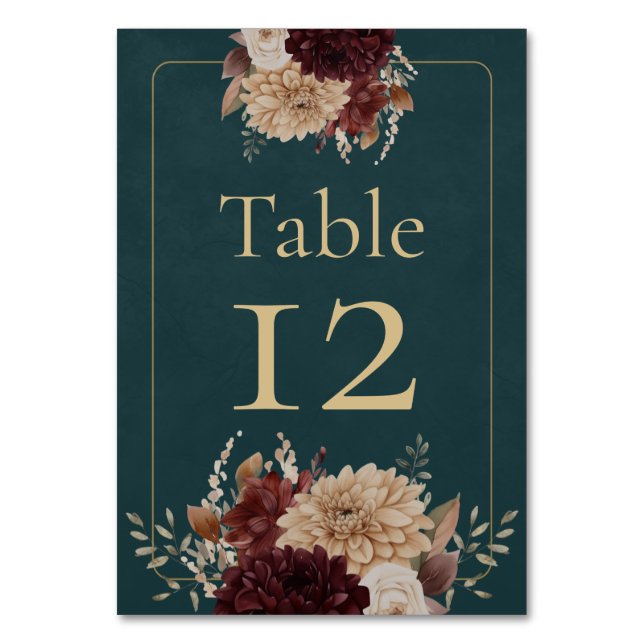 Tarjeta De Mesa Dark Teal Floral Gothic Wedding Table Number (Anverso)