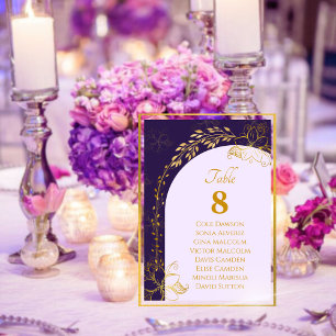 Tarjeta de mesa de arco floral dorado elegante púr