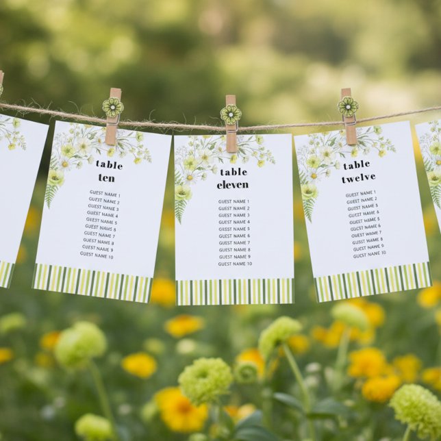 Tarjeta de Mesa de Asientos de Boda de Flor Silves (Seating Chart cards from the Citrus Green Wildflower wedding collection by Darling & May)