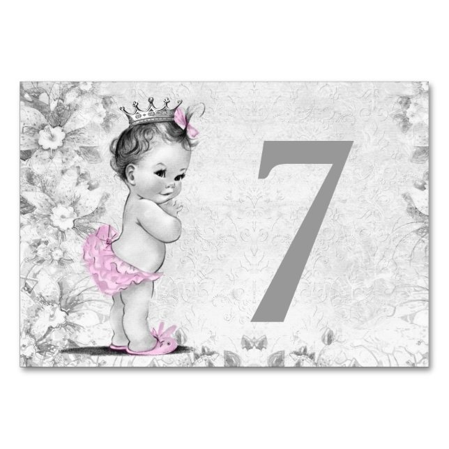 Tarjeta de mesa de baby shower vintage rosa gris (Anverso)