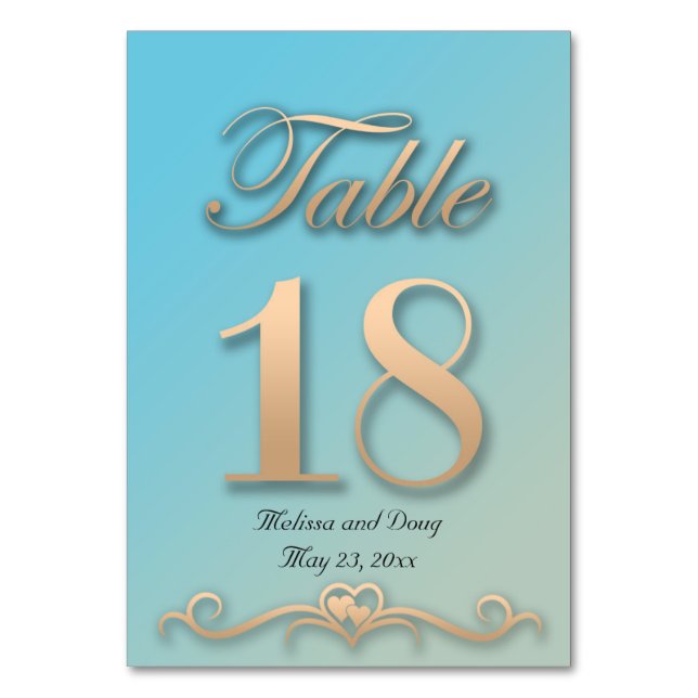 Tarjeta de mesa de Boda Aquamarine y Peach - Númer (Anverso)