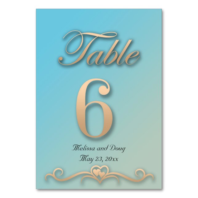 Tarjeta de mesa de Boda Aquamarine y Peach - Númer (Anverso)