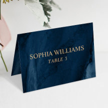 Tarjeta de mesa de Boda azul y oro de la marina