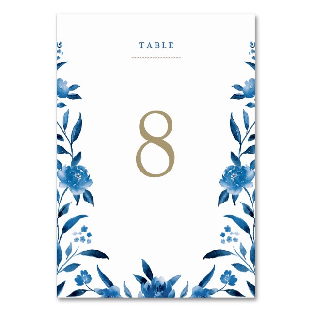 Tarjeta de mesa de Boda Chinoiserie floral azul (Anverso)