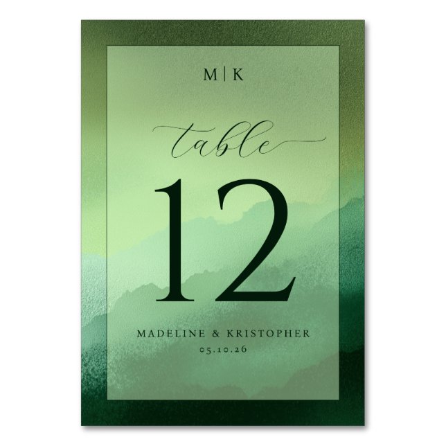 Tarjeta de mesa de boda con acuarela verde serena (Anverso)
