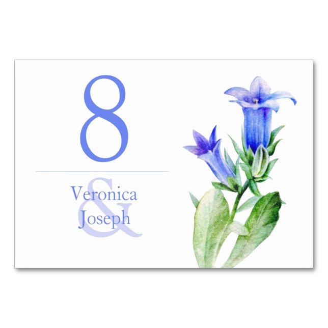 Tarjeta de mesa de boda con campanilla azul flor s (Reverso)