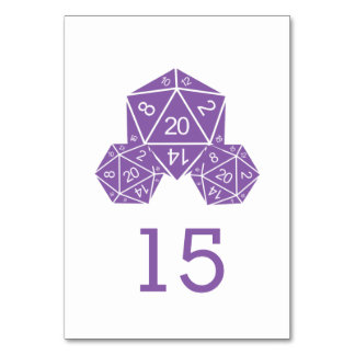 Tarjeta de mesa de boda con dado D20 púrpura