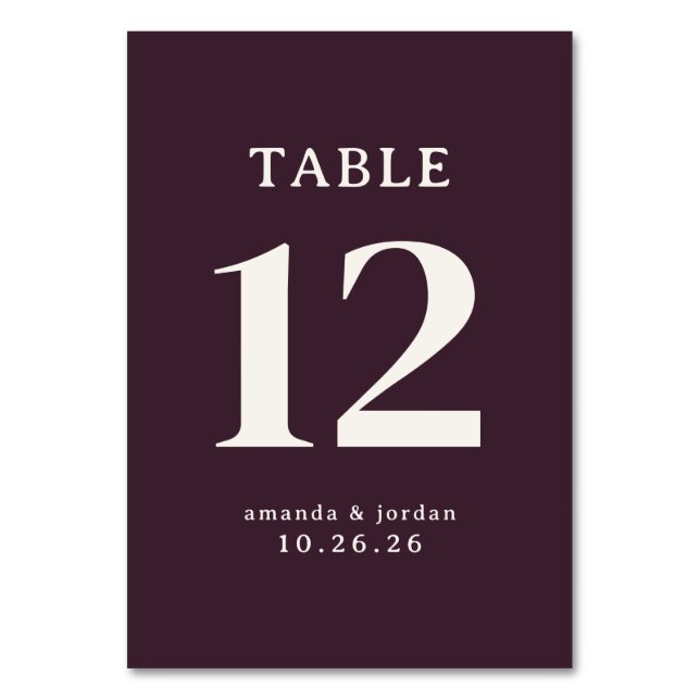 Tarjeta de mesa de boda con serif marrón sofistica (Anverso)