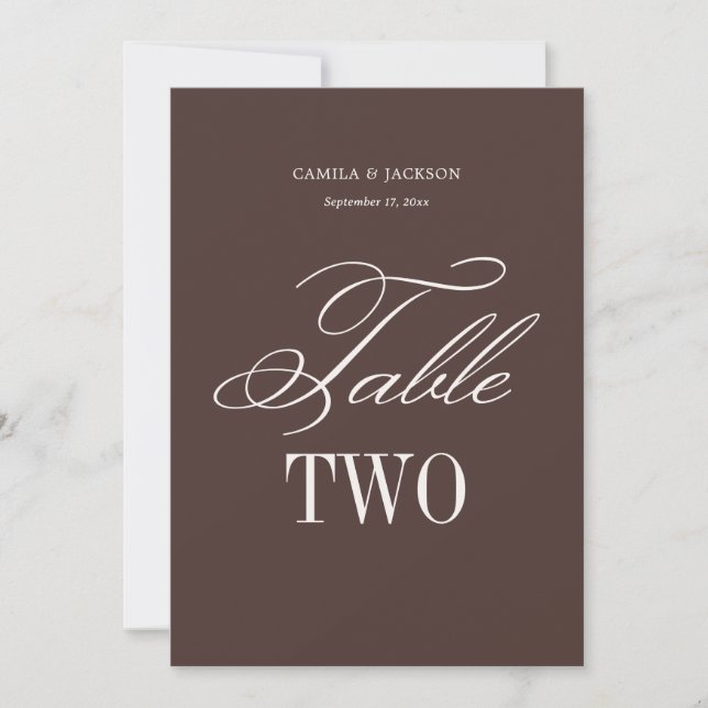 Tarjeta de mesa de boda con tema de marrón espress (Anverso)