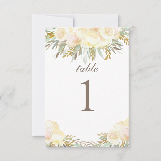 Tarjeta de mesa de boda de crema de champán | Flor (Anverso)