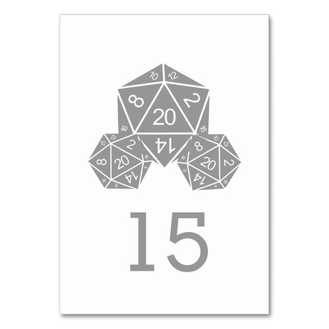 Tarjeta de mesa de boda de dado D20 gris (Anverso)