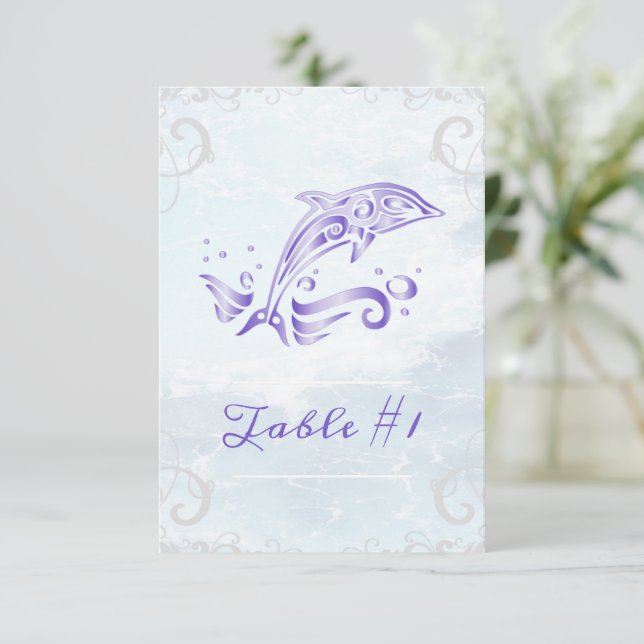 Tarjeta de mesa de Boda de delfín púrpura (Anverso de pie)