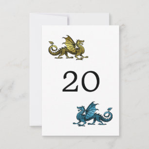 Tarjeta de mesa de boda de dragón azul dorado