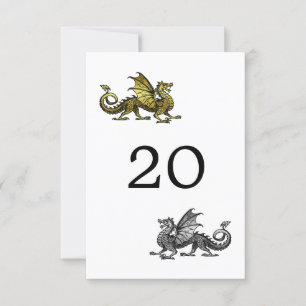 Tarjeta de mesa de boda de dragón de oro y plata